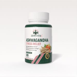 May include: A white bottle of Zenvitax Ashwagandha Stress Relief capsules. The label includes text that says "Helps Relieve Stress" and "Boosts Mood & Energy." The bottle contains 30 capsules and has a green and black design.