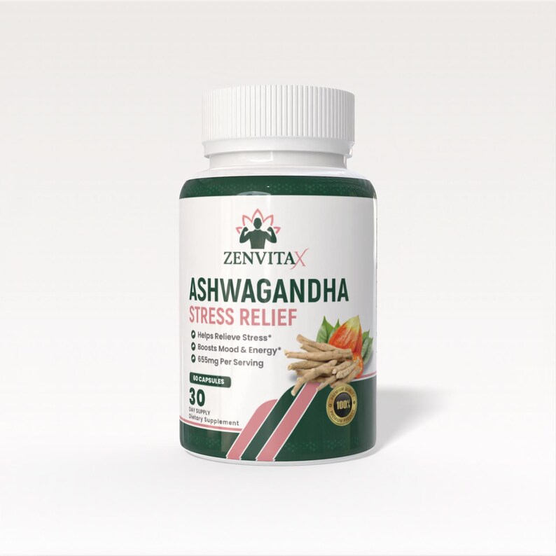 May include: A white bottle of Zenvitax Ashwagandha Stress Relief capsules. The label includes text that says "Helps Relieve Stress" and "Boosts Mood & Energy." The bottle contains 30 capsules and has a green and black design.