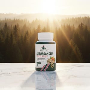 May include: A white bottle of Zenvitax Ashwagandha Stress Relief capsules. The label features the product name, a graphic of ashwagandha roots and leaves, and the number 30. The background shows a forest with sunlight.
