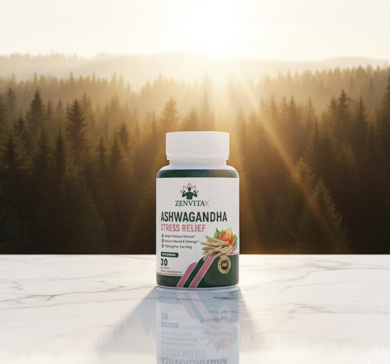 May include: A white bottle of Zenvitax Ashwagandha Stress Relief capsules. The label features the product name, a graphic of ashwagandha roots and leaves, and the number 30. The background shows a forest with sunlight.