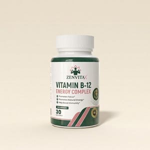 May include: A white bottle of Zenvitax Vitamin B-12 Energy Complex. The label includes the text "Promotes Focus", "Promotes Natural Energy", and "Help Boost Immunity". The bottle contains 60 capsules, a 30-day supply.