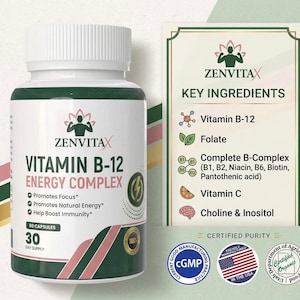 May include: A white bottle of Zenvitax Vitamin B-12 Energy Complex with a green and pink design. The label lists key ingredients and benefits, including promoting focus and natural energy. The bottle contains 80 capsules for a 30-day supply.