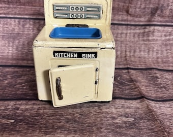 Vtg 1950s Japanese Tin Toy Kitchen Sink Maruyoshi Attributed Blue Sink Japan