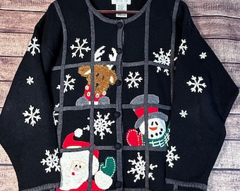 Cárdigan navideño vintage de Mandala Bay con estampado de Papá Noel, renos y muñecos de nieve, color negro, talla L.