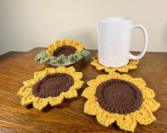 Crochet Sunflower Coaster Set, 4 Coasters with Planter, Basket with Sunflowers, Mother’s Day Gift, Gift For Her