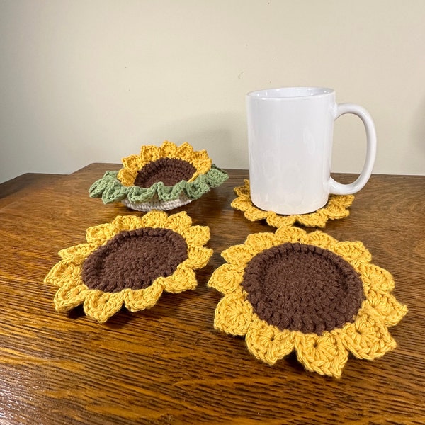 Crochet Sunflower Coaster Set, 4 Coasters with Planter, Basket with Sunflowers, Mother’s Day Gift, Gift For Her