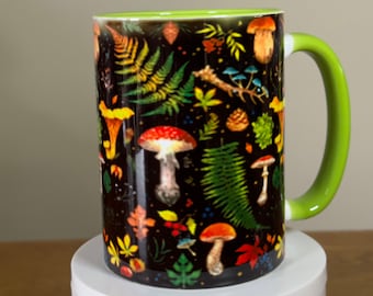 15 oz Mug with Mushrooms and Ferns Design, Lime Green and White Mug