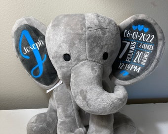 Custom Stuffed Elephant, Birth Announcement, Anniversary Gift, or Wedding Gift