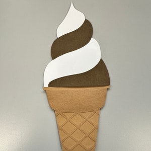 May include: A paper cutout of a soft-serve ice cream cone. The ice cream swirl is white and brown, and the cone is a light brown color with a waffle pattern. The image is set against a gray background.