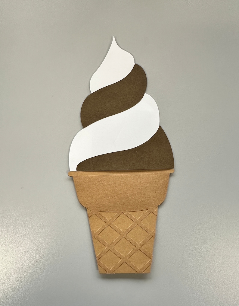 May include: A paper cutout of a soft-serve ice cream cone. The ice cream swirl is white and brown, and the cone is a light brown color with a waffle pattern. The image is set against a gray background.