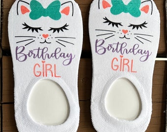 Happy Birthday Girl Socks, Comfy Socks,  No Show Socks, Fun Kid Socks, Fun Feet, Slippers, House Shoes, Silky Socks, Cat Face, Socks