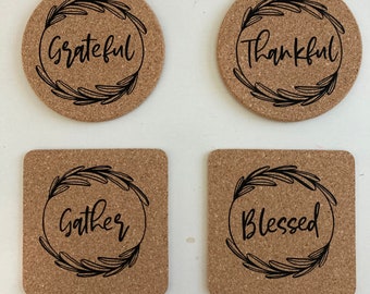 Handmade Cork Coasters with Inspirational Words: Thankful, Grateful, Blessed, Gather, Fall Decor Coasters