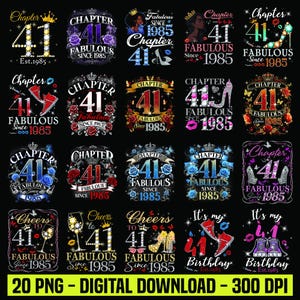 Puede incluir: Una colección de veinte diseños PNG digitales para celebrar un 41 cumpleaños o aniversario. Cada diseño presenta el número 41 con la frase "Fabulous Since 1985" y elementos decorativos como tacones altos, coronas y rosas. Los diseños son de varios colores.