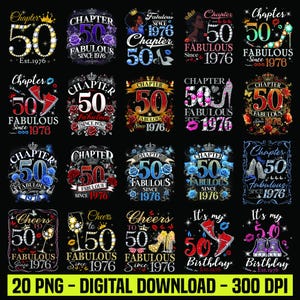 Puede incluir: Colección de diseños digitales para un 50 cumpleaños. Cada diseño presenta el número 50, la frase "Fabulous Since 1976" y elementos decorativos como coronas, zapatos y mariposas. Disponible como descarga digital.