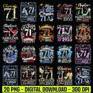 Puede incluir: Colección de 20 diseños PNG digitales para un 71 cumpleaños. Cada diseño presenta el número 71, las palabras "Capítulo 71" y "Fabuloso desde 1955", con elementos decorativos como tacones altos y coronas.