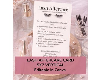 Plantilla de tarjeta de cuidados posteriores para pestañas / Instrucciones editables en Canva (Descarga instantánea)