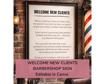 Cartel de bienvenida para nuevos clientes de barbería / Plantilla editable de Canva (Descarga instantánea)