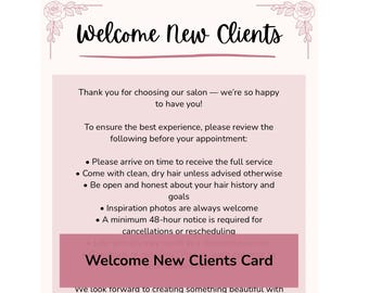 Plantilla de tarjeta de bienvenida para peluquería/nuevo cliente (Canva editable, descarga digital)