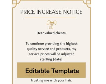 Plantilla de aumento de precio para salón de lujo / Anuncio de Canva editable para peluqueros / Aviso para clientes de propietarios de salones
