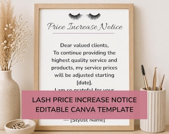 Plantilla de aviso de aumento de precios para salón de belleza en blanco y negro / Cartel de pestañas en Canva (editable)