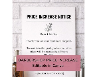 Black & White Barbershop Price Increase Notice Template | Barber Canva Sign (Editable)