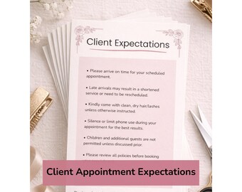 Tarjeta de expectativas para citas de clientes / Letrero imprimible con políticas de salón / Pautas para servicios de belleza / Plantilla editable de Canva