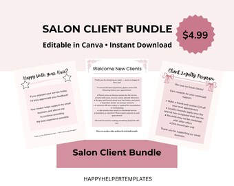 Paquete para clientes de peluquería: recomendación, reseña y letreros de bienvenida para nuevos clientes. Plantillas imprimibles para salón.