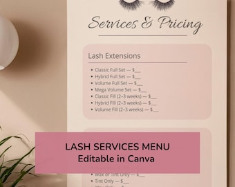 Guía de precios de servicios de pestañas / Plantilla de lista de precios para salones / Plantilla editable de Canva / Descarga instantánea