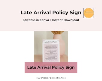 Letrero de política de llegadas tardías para peluqueros / Plantilla de política de salón / Letrero editable en Canva / Normas de peluquería / Descarga instantánea