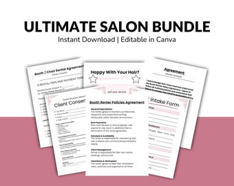 Paquete para propietarios de salones de belleza / Plantillas de Canva (Alquiler de cabinas, Políticas, Formularios para clientes)