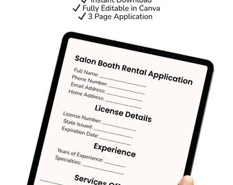 Plantilla de solicitud de alquiler de cabina de peluquería / Formulario editable de Canva (Descarga digital)