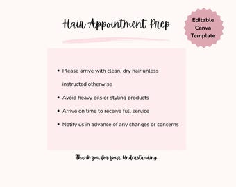 Letrero de preparación para clientes de salón / Lista de verificación para citas de peluquería (Plantilla editable de Canva)