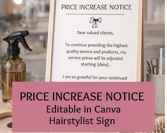 Plantilla de aviso de aumento de precio para peluquería en blanco y negro / Letrero de Canva para peluqueros (editable)