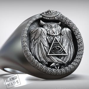 Ouroboros-uilring: esoterisch symboolsieraden (geoxideerd zilver)