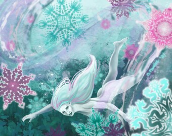 Deep Dive - Woman Swimming through Magical Landscape Art Print