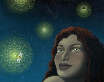 Woman Looking at Fireflies with Mandala Pattern Art Print