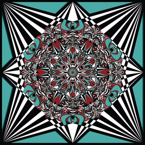 Teal and Red Mandala, Black and White Art, Geometric Art, Starburst Art, Kaleidoscope Drawing, Meditation Art, Mandala Drawing,