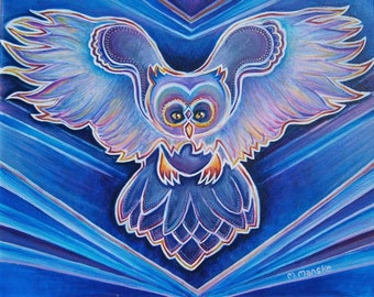 Owl Painting, Acrylic Art Print, Blue Owl, Colorful Owl Painting, Purple Blue Painting, Bird Painting, Owl Art Print, Flying Owl, Bird Wings