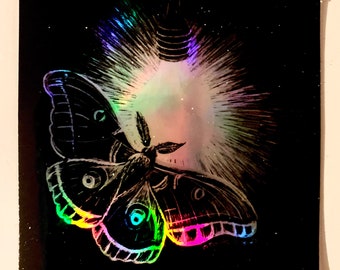 Moth Drawn to Light 3” x 3” Square Holographic Sticker