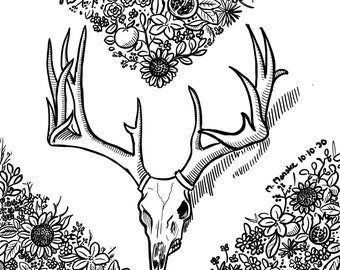 Deer Skull with Flowers Black and White Drawing