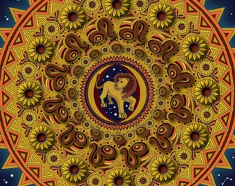 Leo Mandala, Astrological Print, Gold Mandala, Sun Sign, Zodiac Artwork, Fire Sign, Lion Print, Sunflower Design, Astrology Art, Geometric