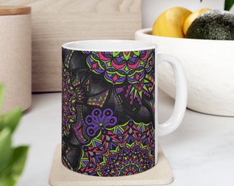 Kaleidoscope Eye Black, Purple, Pink and Green Pattern Ceramic Mug 11oz