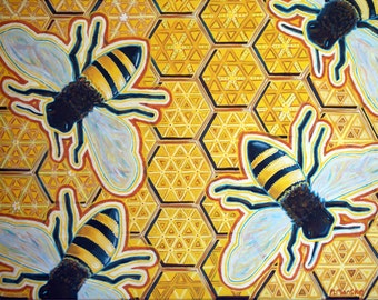 Sacred Bees, Geometric Bees, Honeycomb Pattern, Hexagon Art, Beehive Painting, Bee Art Print, Yellow Bee Print, Honeybee Artwork, Busy Bees