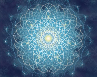 Winter Solstice Mandala, Geometric Art Print, White and Blue Mandala, Meditation Art, Spiritual Art, Light, Kaleidoscope Artwork, Turquoise