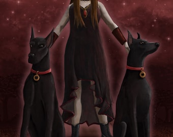 Woman with Two Black Dogs Art Print