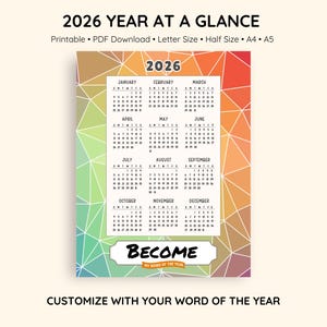 Kalender 2026 in één oogopslag afdrukbaar, woord van het jaar, motiverend, casual, kleurrijk, pdf-download, meerdere maten