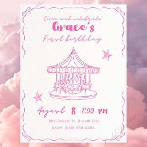 May include: Pink invitation card for Grace's first birthday. The card features a carousel illustration and text that reads "Come and celebrate Grace's First birthday." The date and time are August 8, 1:00 PM. RSVP information is included.