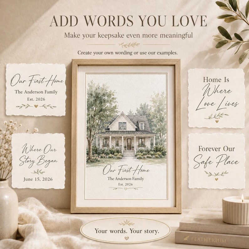 May include: A framed watercolor-style print of a house with trees, featuring the text "Our First Home," "The Anderson Family," and "Est. 2026." Surrounding text options include "Home Is Where Love Lives," "Where Our Story Began," and "Forever Our Safe Place."