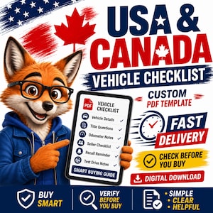 以下が含まれることがあります： 黒い眼鏡と青いパーカーを着た漫画のキツネが、USA & CANADA VEHICLE CHECKLISTを表示するデジタルタブレットを指差しています。画像には、カスタムPDFテンプレート、迅速な配送、賢い購入のためのデジタルダウンロードに関するテキストが含まれています。