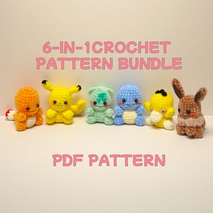 May include: A collection of six colorful, crocheted character plushies, including an orange creature with a white belly and a red and white tail, a yellow Pikachu, a green bear, a blue turtle, a yellow duck, and a brown bunny. The text "6-IN-1 CROCHET PATTERN BUNDLE" and "PDF PATTERN" are displayed.
